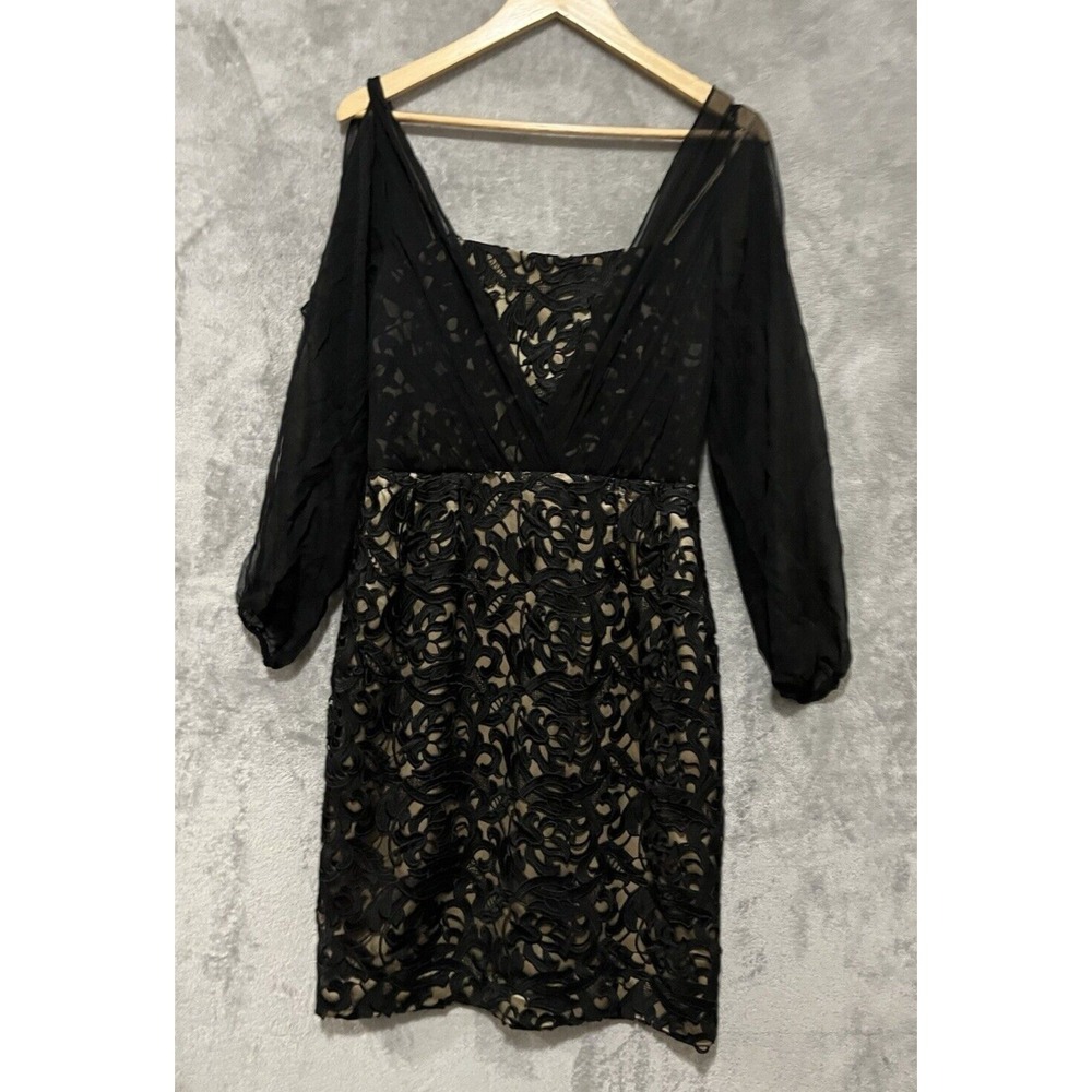 Kay Unger New York Black Corded Lace Silk Chiffon Cocktail Dress Gold Lining 8
